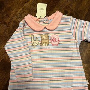 OshKosh Baby NWT Girl Striped Embroidered Peter Pan Collar Scallop Onesie